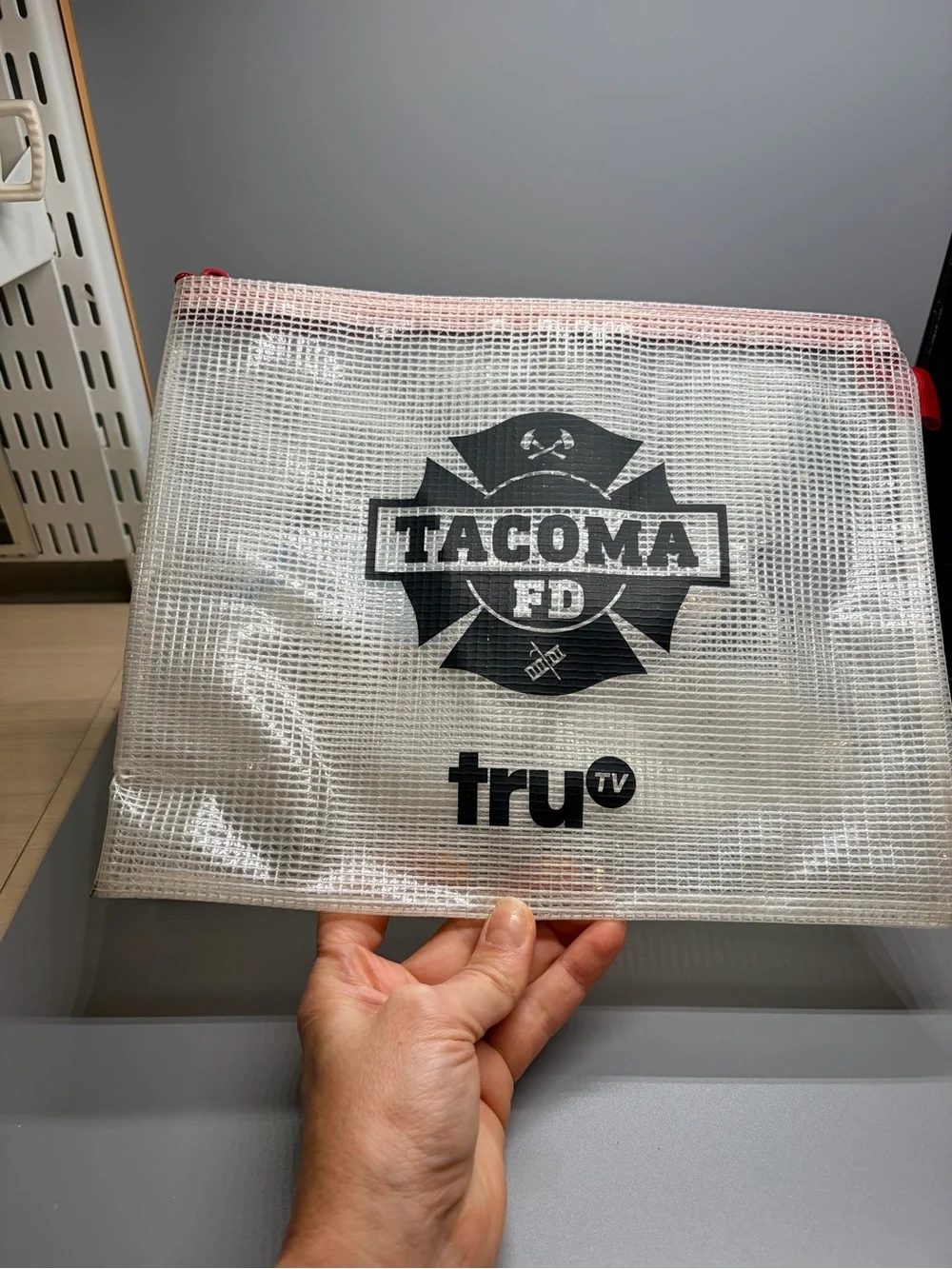 Tacoma Clear Mesh Cosmetic Pouch with Red Trim